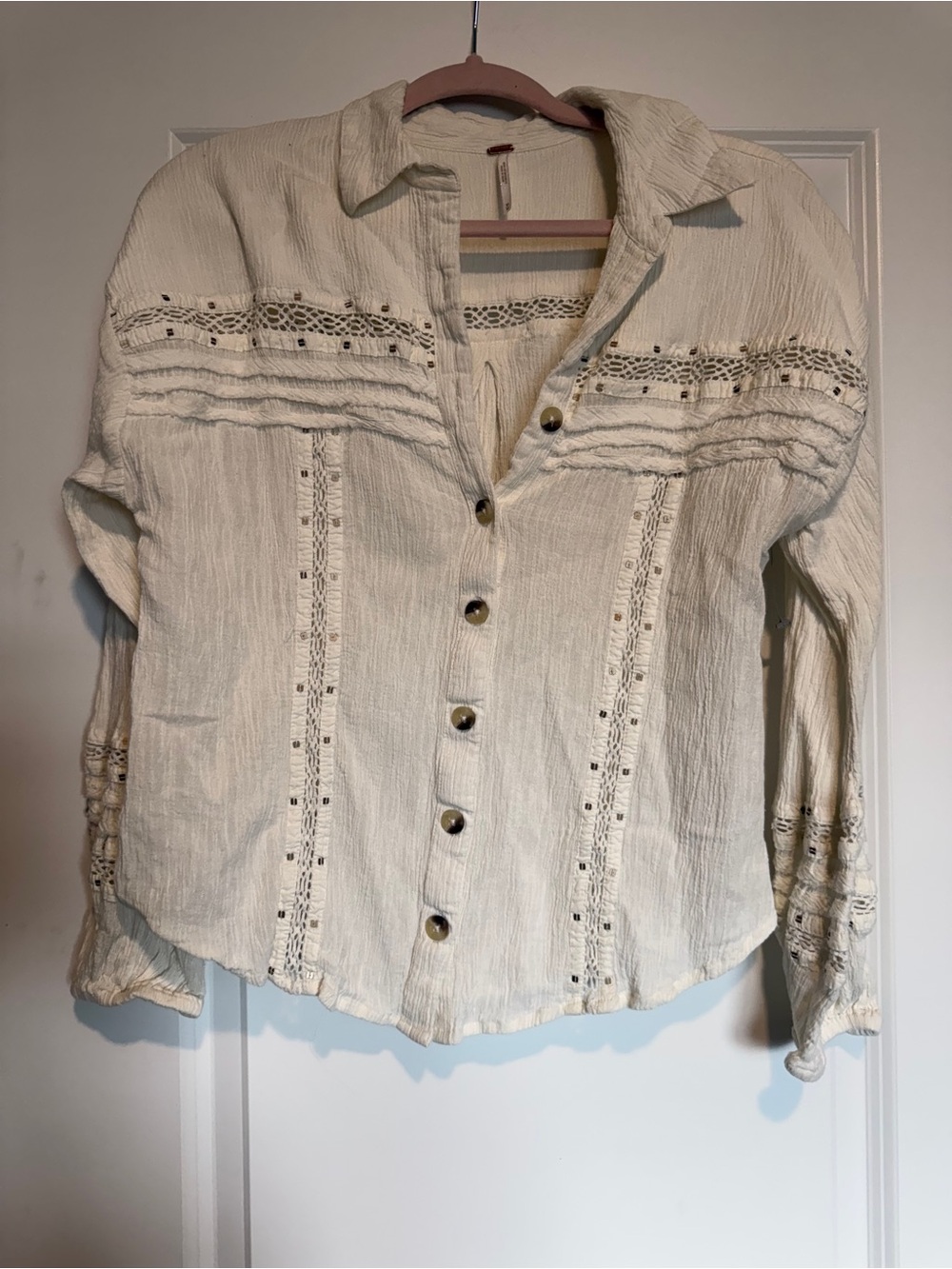 Free People Cream Button-Down Lace Trim Shirt